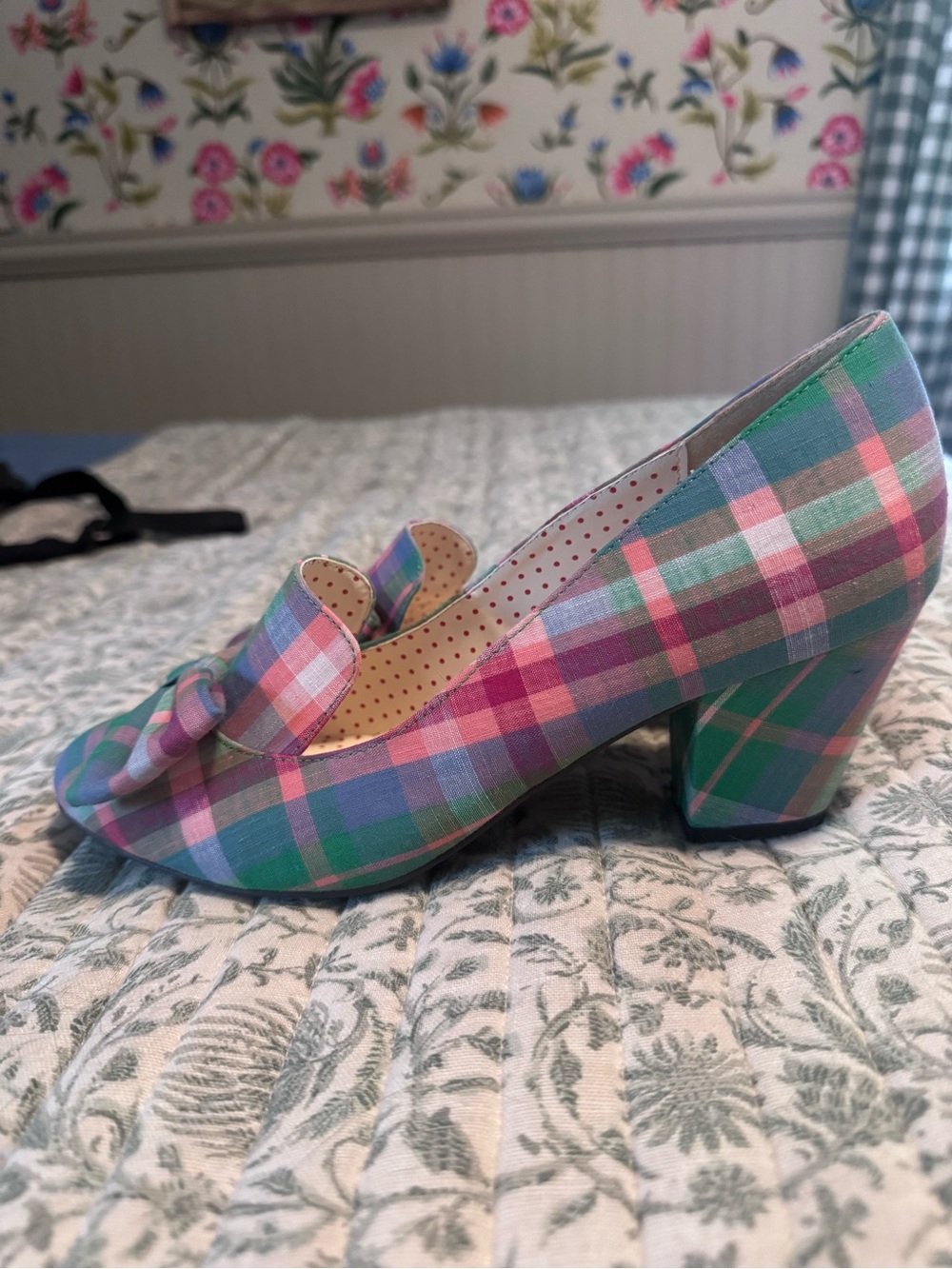 Plaid Pastel Block Heel Pumps - Pink Green Blue
